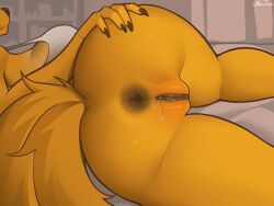 2025 absurd_res anthro anus ass big_breasts big_butt bodily_fluids bottomless bottomless_anthro bottomless_female breasts canid canine canis clothed clothing dziero female fluffy fluffy_tail fur genital_fluids genitals hi_res latte_(dziero) mammal presenting presenting_hindquarters solo tail thick_thighs vaginal_fluids vulva wide_hips wolf yellow_body yellow_fur