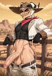 1boy ai_generated anus balls ballsack belt big_penis big_thighs bronin666 bubble_ass circumcised cock hat helluva_boss imp large_penis long_penis male male_only muscular muscular_back pants pants_down scarf solo solo_focus solo_male standing striker_(helluva_boss) suit tail thick_ass thick_butt thick_thighs unbuckled_belt