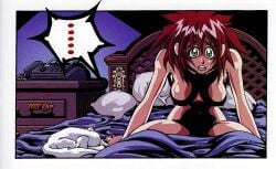 1girls 2000s 2004 ass bed big_breasts bracelet breasts cleavage comic_page completely_nude completely_nude_female demigoddess detailed_background elf elf_ears elf_female feline female female_only green_eyes indoors jacobs_ladder_(artist) light-skinned_female long_ears naked nipple_bulge nipples nude nude_female official_art red_hair shadow_censor sitting slim solo text victoria_(victory) victory_(comic) waking_up