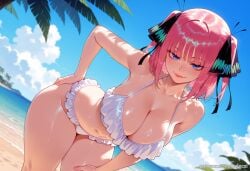 ai_generated balecxi beach black_ribbon blue_eyes butterfly_hair_ornament cleavage closed_mouth collarbone female frills go-toubun_no_hanayome hair_ornament hair_ribbon large_breasts lips looking_at_viewer nakano_nino navel outdoors pink_hair short_hair smile solo swimsuit thighs tree white_bikini