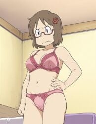 ai_generated aizumanga anger_vein annoyed bed bedroom brown_hair clenched_fist clenched_hand from_below gilf hand_on_hip lingerie milf mother nichijou pink_bra pink_lingerie pink_panties yuuko's_mother