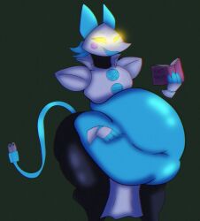 1girls anthro belly belly_overhang big_belly blue_body blush book chubby chubby_female deltarune disembodied_hand dumbwolfperson fat fat_female fat_folds female female_only fingerless_gloves furry gloves glowing_eyes holding_object loincloth midriff morbidly_obese muffin_top navel obese overweight overweight_female poking_belly reading robot robot_girl tail tasque_manager_(deltarune) thick_thighs two_tone_body white_body yellow_eyes