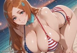 ai_generated alternate_version_at_source american_flag_bikini american_flag_print big_breasts bikini bikini_top bleach bleach:_the_thousand-year_blood_war hands_on_legs hypet inoue_orihime long_hair orange_hair shiny shiny_skin shoreline tagme thick thick_ass thick_thighs thighs usa wet wide_hips