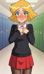 ai_generated ass bigmic145 blonde_hair breasts clover_(totally_spies) female long_sleeves medium_breasts pantyhose pleated_skirt school_uniform schoolgirl shirt skirt solo_female sweater totally_spies