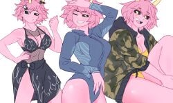 1girls antennae_(anatomy) boku_no_hero_academia busty curvy hand_on_hip holic_fz mina_ashido multiple_outfits my_hero_academia pink_hair pink_skin thick_thighs white_background yellow_eyes