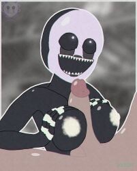 1boy absurd_res artist_name black_skin breasts breasts_squeezed_together colored_skin female five_nights_at_freddy's five_nights_at_freddy's_4 hi_res highres large_breasts mask nightmare_waifu nightmarionne nude open_mouth paizuri penis rogue_(artist) self_upload sharp_teeth smile solo_focus straight teeth uncensored
