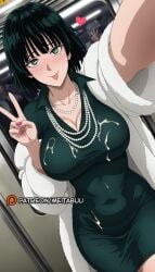 :p ai_generated bead_necklace black_hair blush breasts cleavage coat collarbone collared_dress covered_navel cum cum_on_body cum_on_clothes dress dutch_angle female fubuki_(one-punch_man) fur_coat green_dress green_eyes heart jewelry large_breasts long_sleeves looking_at_viewer meitabuu multiple_boys nail_polish necklace one-punch_man open_coat pearl_necklace pink_nails public_indecency reaching reaching_towards_viewer selfie short_hair smile solo_focus taut_clothes taut_dress tight_dress tongue tongue_out v white_coat