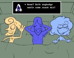 2boys1girl after_sex bunsnthighs covered_breasts deltarune deltarune_chapter_3 elnina_(deltarune) english_text lanino_(deltarune) rouxls_kaard tagme throuple