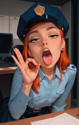 adult ai_generated eraofsin flat_chest green_eyes gwen_tennyson long_hair police_uniform red_hair skirt small_breasts smaller_female