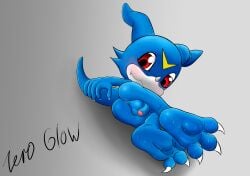 absurd_res anthro aroused ass balls bandai_namco blush bodily_fluids claws digimon digimon_(species) digital_media_(artwork) feet foot_fetish genitals hi_res horn male male/male paws penis simbol smile solo sweat sweaty_balls sweaty_feet sweaty_genitalia veemon zeroglow