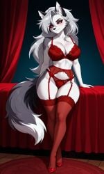 1girls ai_generated anthro big_breasts canine ears female furry furry_female grey_fur grey_hair gtxz_ hellhound helluva_boss high_heels lingerie looking_at_viewer loona_(helluva_boss) red_garter_belt red_panties red_sclera seductive seductive_pose seductive_smile smile tail thick_thighs thighhighs two_tone_body two_tone_fur two_tone_tail white_body white_eyes white_fur wolf wolf_girl