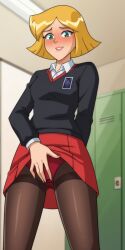 ai_generated ass bigmic145 blonde_hair breasts clover_(totally_spies) female flashing flashing_panties long_sleeves medium_breasts panties panties_under_pantyhose pantyhose pleated_skirt school_uniform schoolgirl shirt skirt skirt_lift solo_female sweater tease teasing totally_spies