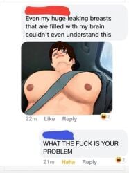 2022 areolae below_view big_pecs blue_eyes brown_hair car english english_text five_nights_at_freddy's from_below funny humor male male_breasts male_focus male_nipples man_boobs meme michael_afton moobs nipples pecs text traced yona_akaihono