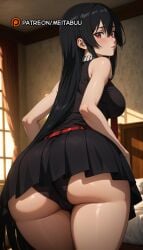ai_generated akame_(akame_ga_kill!) akame_ga_kill! ass ass_focus bare_shoulders bed bedroom belt black_hair black_panties black_shirt black_skirt blush breasts cameltoe closed_mouth curtains female from_behind hair_between_eyes huge_ass indoors large_breasts leaning_forward long_hair looking_at_viewer looking_back meitabuu miniskirt necktie panties patreon_username pleated_skirt red_belt red_eyes red_necktie shirt skirt sleeveless sleeveless_shirt solo straight_hair thighs trefoil underbutt underwear very_long_hair window