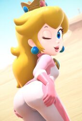 1girls 2025 3d 3dcringe accurate_art_style ai_assisted ai_generated blonde_hair blue_eyes canyon civitai crown curious d3rmal desert earrings edit edited female female_only grabbing grabbing_ass hand_behind_back lips long_hair looking_at_viewer mario_(series) mario_kart_world motorcycle nintendo princess_peach racing_suit solo spread_ass tagme wink