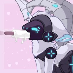 1:1 anthro ass belly blue_ears blue_eyes dessert doggy_style ears_down english_text food from_behind_position fur heart_symbol hi_res ice_cream lutheshinything machine male male_focus male_only metal_tail object_in_mouth object_penetration open_mouth oral oral_penetration penetration pivoted_ears protogen protogen_armor protogen_visor sex shark_tail signature simple_background solo tail text white_arms white_belly white_body white_ears white_fur white_tail yuffka_(character)