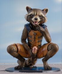 ai_generated balls brown_eyes brown_fur guardians_of_the_galaxy kneeling licking looking_at_viewer male masturbation penis raccoon rocket_raccoon solo trueliamay
