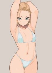 android_18 armpits arms_up ass_visible_through_thighs bikini blonde_hair blue_bikini blue_eyes breasts collarbone cowboy_shot earrings female flat_chest grey_background highleg highleg_bikini jewelry looking_at_viewer navel short_hair simple_background solo standing string_bikini swimsuit thigh_gap