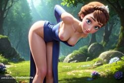 1girls ai_generated arms_behind_back artist_name bare_shoulders bent_over blue_dress blue_eyes blue_gloves blush braid breasts brown_hair clothes_pull collarbone day disney dress dress_pull elbow_gloves female flower forest freckles frozen_(film) frozen_2 gloves hanging_breasts hi_res iduna iduna_(frozen) leaning_forward lips looking_at_viewer medium_breasts nature nipples no_bra no_panties outdoors patreon_username progenarts pussy rock short_hair side_slit solo sunlight tiara tree web_address