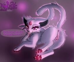 anus ass astralia_(art) claws dialogue eeveelution espeon female feral fluffy forehead_gem fur gem generation_2_pokemon genitals hi_res licking looking_at_viewer nintendo pawpads paws pink_body pink_fur pokemon pokemon_(species) rear_view self_lick simple_background solo speech_bubble tail teasing text tongue tongue_out vulva watermark