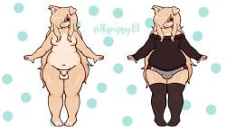 anthro blonde_fur blonde_hair bulge canine chubby chubby_femboy dog_boy dog_ears femboy feminine_male fur furry furry_male glasses long_hair naked naked_male nopuppy69 shorts simple_background small_penis solo_focus solo_male sweat thick_thighs thighhighs
