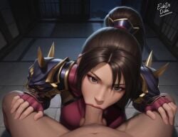 1boy 1girls ai_generated animated blowjob bodysuit breasts brown_eyes eidedodidei fingerless_gloves indoors no_sound oral oral_sex penis penis_in_mouth ponytail pov pov_eye_contact self_upload shorter_than_10_seconds soul_calibur soul_calibur_iv straight tagme taki testicles video