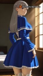 bed blue_capelet blue_dress blue_eyes blunt_bangs boots braid breasts capelet cowboy_shot cross-laced_clothes cross-laced_dresslawine_(sousou_no_frieren) dress female french_braid frieren_beyond_journey's_end frilled_capelet frilled_dress frilled_sleeves frills from_behind grey_hair indoors light_rays long_hair long_sleeves looking_at_viewer looking_back meitabuu parted_lips solo sousou_no_frieren standing sunbeam sunlight thigh_boots thighhighs white_footwear white_thighhighs window window_shade wooden_floor