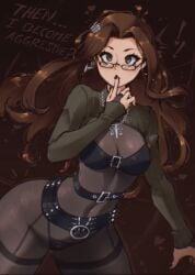belt black_fingernails black_lipstick black_panties bodysuit brown_eyes brown_hair dagger_earrings dialogue eyewear full_bodystocking fushimi_chihiro glasses goth goth_girl leather leather_clothing long_hair persona persona_3 tagme