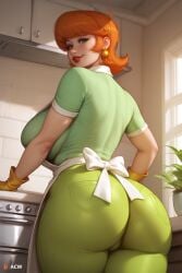 1girls acw adult ai_generated apron ass ass_focus ass_shot back_view chubby clothed clothed_female clothing curvy dexter's_laboratory dexter's_mom earrings female fully_clothed gloves green_eyes huge_breasts indoors kitchen looking_at_viewer looking_back_at_viewer looking_down_at_viewer low-angle_view mature_female milf orange_hair pants plump rear_view red_lipstick short_hair smile solo solo_female t-shirt thick_thighs voluptuous wide_hips
