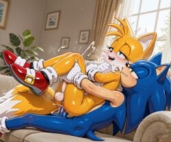 ai_generated anal anal_sex balls blue_eyes blush cum cum_in_ass cum_inside fox gay green_eyes hedgehog interspecies lying_on_back orgasm penis sonic_(series) sonic_the_hedgehog sonic_the_hedgehog_(series) tails trueliamay young