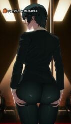 1boy ass ass_grab ass_support black_hair black_jacket black_pants breasts chainsaw_man collared_shirt cowboy_shot female formal from_behind grabbing_own_ass hands_on_own_ass indoors jacket large_breasts long_sleeves looking_at_viewer looking_back meitabuu pants parted_lips pole pole_dancing profile shirt short_hair solo_focus spotlight standing stripper_pole stripperhimeno_(chainsaw_man) suit suit_jacket thigh_gap thighs white_shirt