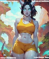 ai_generated athena big_breasts draenei draenei_female draenei_paladin goddess horns monster_girl reincarnation succubus sweat sweaty thick_legs thick_thighs tiefling tiefling_girl world_of_warcraft xoathena