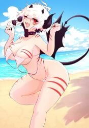 beach big_breasts bikini blaire_rune blairevt breasts collar demon demon_girl demon_horns demon_tail demon_wings devil devil_horns devil_tail fangs hands_up large_breasts leg_up looking_at_viewer loose_bikini open_mouth panties red_eyes seductive seductive_gaze seductive_look seductive_smile short_hair spiked_collar suggestive suggestive_look suggestive_posing sunglasses sunglasses_removed thick thick_thighs thighs waist white_bikini white_hair white_panties wink winking_at_viewer