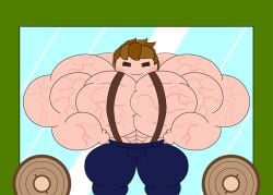 1boy extreme_muscles first_porn_of_character forest_evergreen holding_object lalaloopsy male muscles muscular muscular_male no_nudity no_shirt overalls solo solo_male toony toony_face veins what