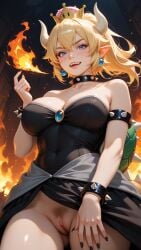 1girls ai_generated armlet aurora4rt bare_shoulders black_dress black_nails blonde_hair blue_eyes blush bowsette bracelet breasts cleavage collar collarbone crown dress earrings female female_pubic_hair fingernails fire hair_between_eyes horns jewelry large_breasts looking_at_viewer nail_polish nintendo no_panties open_mouth pointy_ears ponytail pubic_hair pussy sharp_teeth smile solo spiked_armlet spiked_bracelet spiked_collar spikes strapless super_crown super_mario_bros. tail teeth uncensored