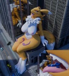 3d_(artwork) anthro anthro_on_anthro bandai_namco big_breasts blender_cycles breasts building canid canine car city close_up_panel crumbledskull digimon digimon_(species) digital_media_(artwork) domestic_cat duo felid feline felis female fox genitals hi_res larger_anthro larger_female lying macro male male/female mammal mawplay micah_(nuclear) nude on_back open_mouth penis renamon sitting_on_building size_difference smaller_anthro smaller_male tail vehicle vore warfare_renamon