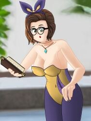 april_(shadow_fight_4) book brown_hair bunny_ears bunnysuit glasses green_eyes leaning_forward looking_at_viewer medium_breasts necklace quills shadow_fight shadow_fight_4 taking_order