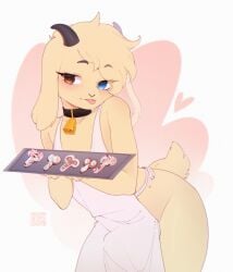 anthro apron blonde_hair blue_eyes bovid caprine clothing cookie erection erection_under_clothing femboy floppy_ears food fur goat hair hi_res looking_at_viewer male male_anthro mammal mouth_closed orange_eyes pink_tongue short_hair solo sonyan standing tail tongue tongue_out white_apron white_clothing yellow_body yellow_fur yellow_tail