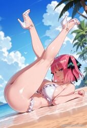 ai_generated ass balecxi beach black_ribbon blue_eyes blunt_bangs butterfly_hair_ornament cloud day feet female frilled_bikini frills go-toubun_no_hanayome hair_ornament hair_ribbon high_heels large_breasts legs lips looking_at_viewer lying nail_polish nakano_nino on_back outdoors palm_tree pink_hair sandals short_hair sky smile solo swimsuit thighs two_side_up white_bikini white_footwear