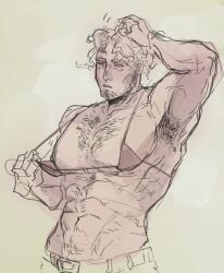 1boy abs big_breasts bikini_top confused curly_(mouthwashing) denim hairy_armpits hairy_male male_only mouthwashing mouthwashing_(game) muscular_male pulling_clothing question_mark scratching_head small_waist solo_male speech_bubble