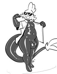 2025 absurd_res anthro balls_outline bodysuit bulge clothed clothed_anthro clothed_male clothing detailed_bulge fish generation_3_pokemon genital_outline greyscale grin hi_res hybrid kippy_the_sharkip latex latex_bodysuit latex_clothing latex_skinsuit lettuce_(artist) male marine monochrome mudkip nintendo pokemon pokemon_(species) shark skinsuit smile solo tail tight_clothing wearing_sunglasses wide_hips