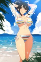 :d arms_behind_head arms_up asuka_(senran_kagura) beach bikini black_hair blue_sky breasts brown_eyes cleavage cloud commentary_request cropped_shirt female hair_ribbon highres large_breasts medium_hair midriff multicolored_stripes navel ocean open_clothes open_mouth open_shirt outdoors ponytail ribbon see-through_clothes see-through_shirt senran_kagura shirt side-tie_bikini_bottom sky smile solo sparkle striped_bikini striped_clothes swimsuit teeth tree upper_teeth_only water wet wet_clothes wet_shirt white_ribbon white_shirt yaegashi_nan