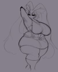 animal_ears breasts cleavage curvy female filia_(skullgirls) greyscale huge_ahoge huge_breasts line_art lips long_hair miniskirt monochrome plump sketch skirt solo tail thick_thighs thighhighs thighs very_long_hair wide_hips