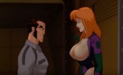 1boy black_hair blurry breasts breasts_outside depth_of_field female from_side indoors large_breasts leotard long_hair male nipples orange_hair straight uniform