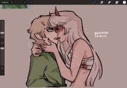 1boy 1girls female harumi_(ninjago) horns kissing lloyd_garmadon male mandrakevainila ninjago white_hair