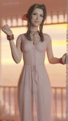 3d 3d_(artwork) aerith_gainsborough aw-gazzam blender blender_(software) final_fantasy final_fantasy_vii final_fantasy_vii_remake pink_dress smile sunset transparent_clothing