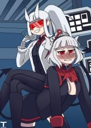 2girls blush blush blushing_female demon demon_girl demon_horns demon_tail gown helltaker laboratory_background long_hair loremaster_(helltaker) lucifer_(helltaker) only_female only_jacket red_eyes red_glasses silver_hair sitting_on_person tony_x_play tonyxplay