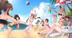 6+girls adapted_costume arm_up arms_up ball bare_arms barefoot beach beach_umbrella beachball bikini black_bikini blonde_hair blue_eyes bow_hairband brown_hair building_sand_sculpture closed_mouth cloud commentary dawn_(pokemon) day dress floating_hair gloria_(pokemon) green_hair hairband hand_up highres hilda_(pokemon) holding kris_(pokemon) leaf_(pokemon) long_hair lyra_(pokemon) may_(pokemon) multiple_girls navel nintendo outdoors palm_tree pokemon pokemon_(creature) pokemon_bw pokemon_bw2 pokemon_dppt pokemon_frlg pokemon_gsc pokemon_hgss pokemon_oras pokemon_sm pokemon_ss pokemon_xy ponytail pyukumuku ririmon rosa_(pokemon) rotom rotom_phone sand sand_castle sand_sculpture sandals selene_(pokemon) serena_(pokemon) shore short_hair side-tie_bikini_bottom sidelocks sky smile swimsuit symbol-only_commentary table themed_object toes tree twintails umbrella visor_cap water white_bikini wingull