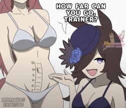 2girls anime bikini female female_only gold_ship_(umamusume) hi_res highres horse_ears horse_girl light_skin meme meme_attire mihono_bourbon_(umamusume) orthiz0901 pubic_tattoo purple_bikini rice_shower_(umamusume) simple_background trainer_(umamusume) twitter_username umamusume white_bikini
