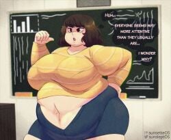 bbw belly belly_button big_breasts breasts english english_text fat fat_female female hi_res high_resolution highres huge_breasts morbidly_obese_female navel overweight overweight_female persona persona_5 sadayo_kawakami short_hair solo solo_female solo_focus speech_bubble sunsleptos text thick_thighs thighs